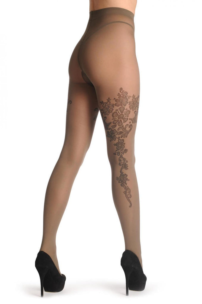 Liss Kiss Mocha With Brown Asymmetrical Flowers 60 Den - Tights
