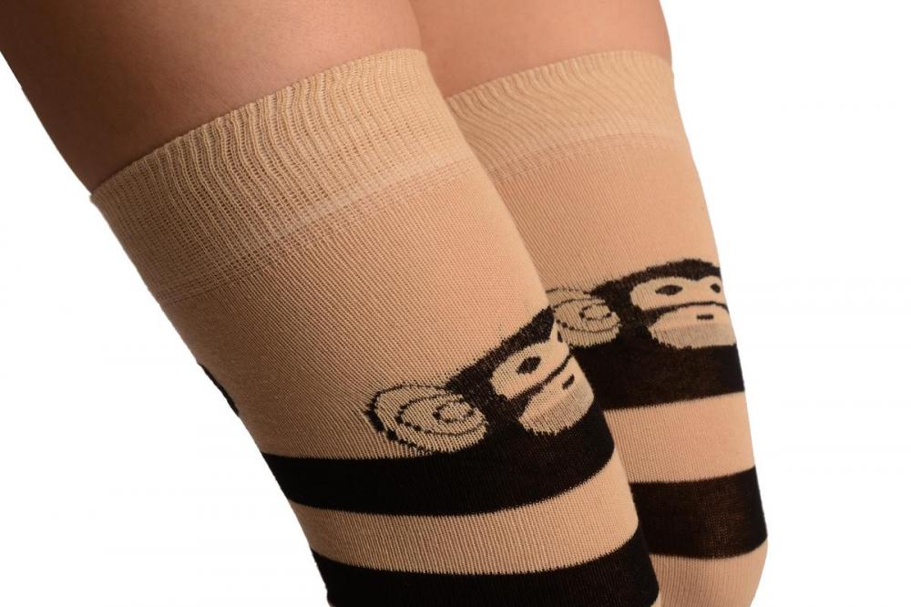 Liss Kiss Monkey On Beige With Beige & Black Stripes - Over The Knee Socks