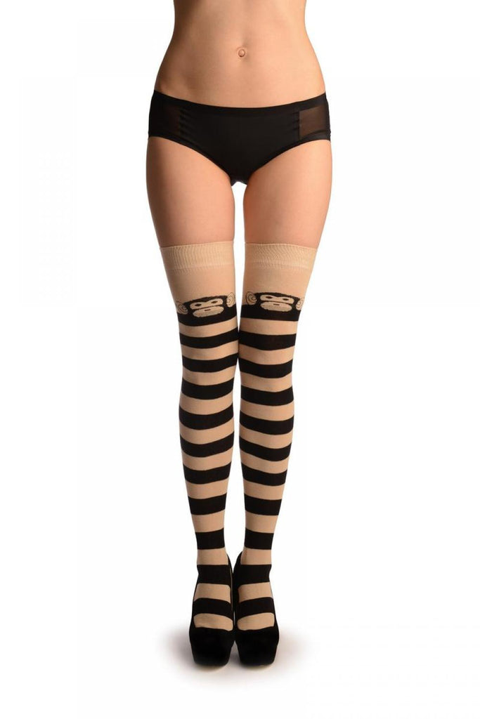liss kiss Monkey On Beige With Beige & Black Stripes - Over The Knee Socks