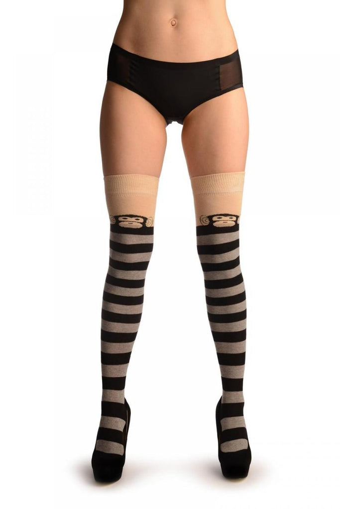 Liss Kiss Monkey On Beige With Grey & Black Stripes - Over The Knee Socks