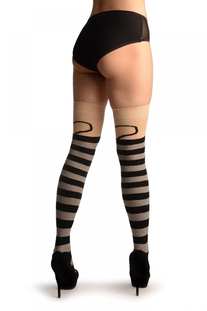 Liss Kiss Monkey On Beige With Grey & Black Stripes - Over The Knee Socks