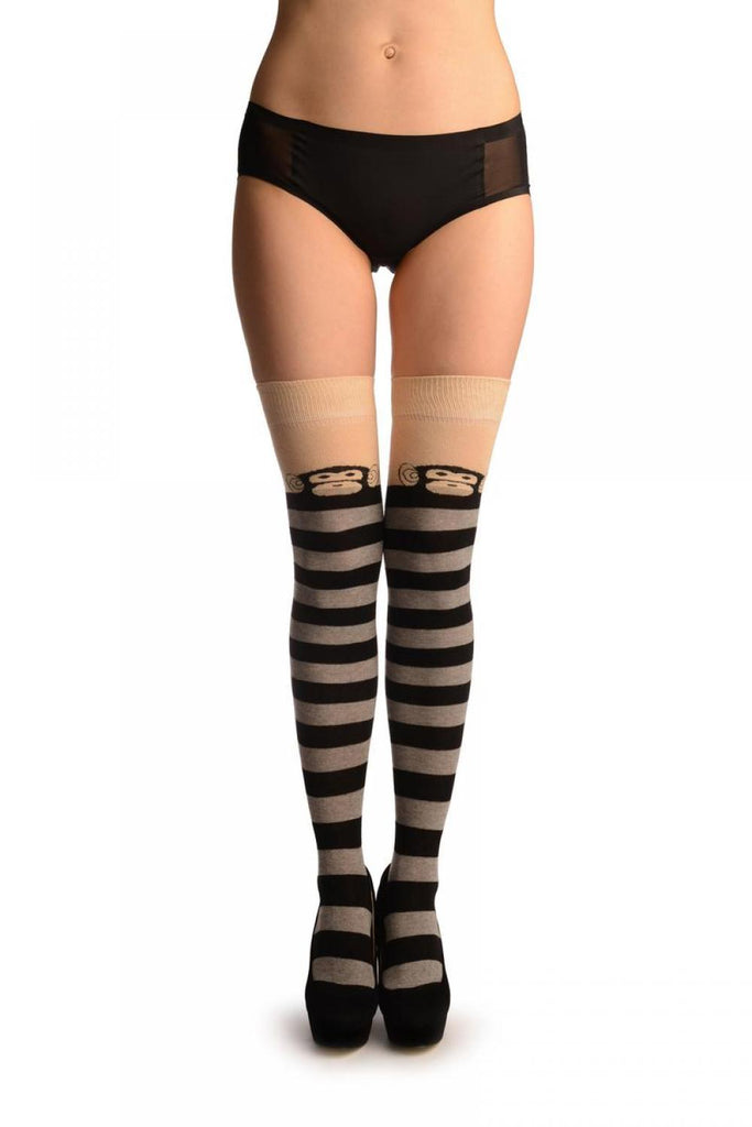liss kiss Monkey On Beige With Grey & Black Stripes - Over The Knee Socks