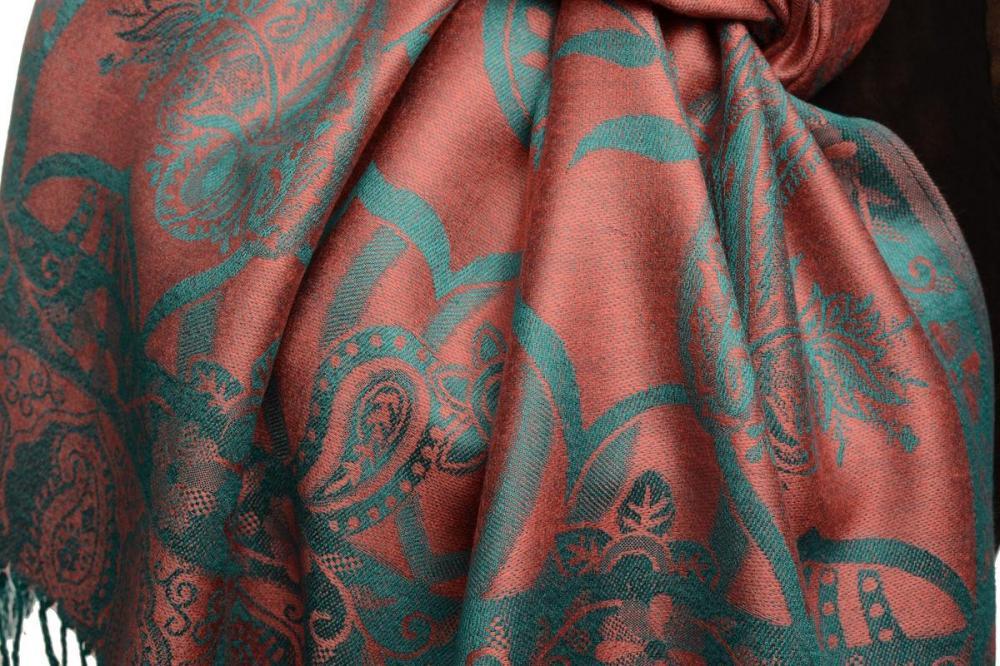 Liss Kiss Moroccan Rose On Coral Pink Pashmina With Tassels - Scarf