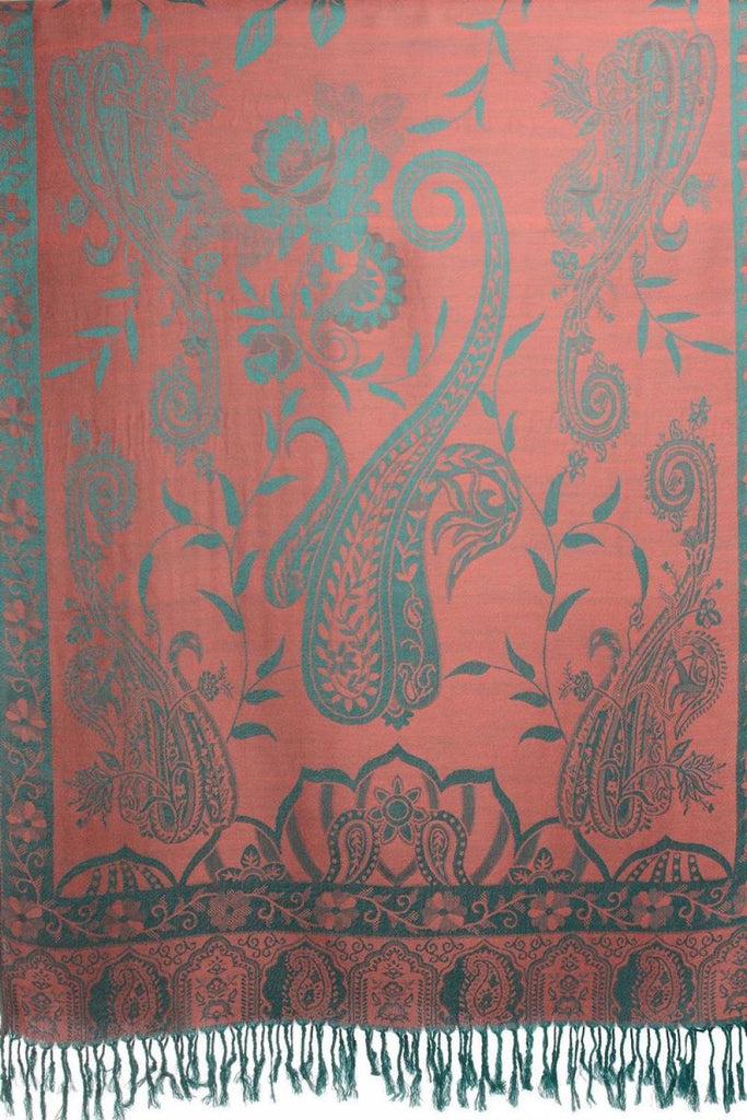 Liss Kiss Moroccan Rose On Coral Pink Pashmina With Tassels - Scarf