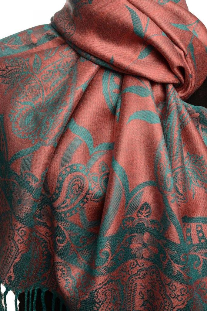 Liss Kiss Moroccan Rose On Coral Pink Pashmina With Tassels - Scarf