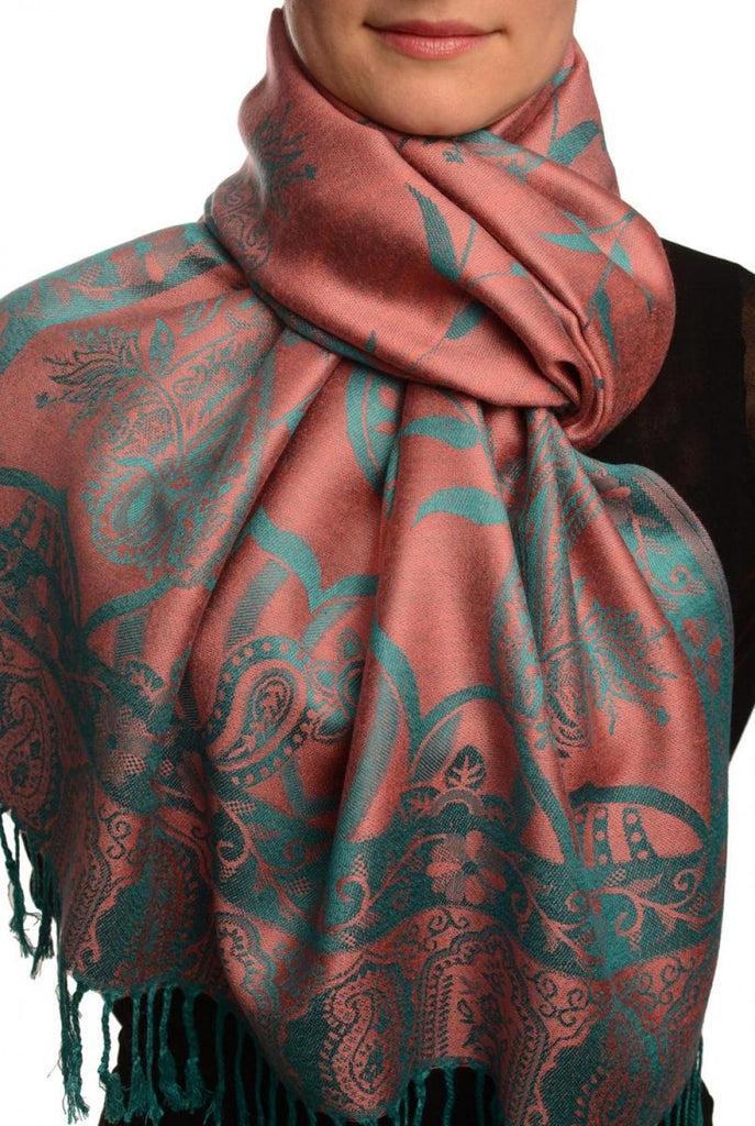 liss kiss Moroccan Rose On Coral Pink Pashmina With Tassels - Scarf