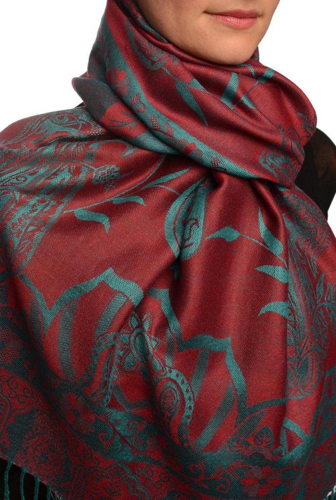 Liss Kiss Moroccan Rose On Dark Red Pashmina With Tassels - Scarf