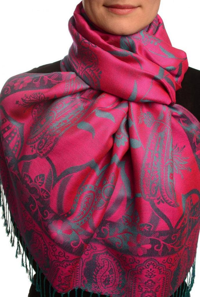 liss kiss Moroccan Rose On Magenta Pink Pashmina With Tassels - Scarf