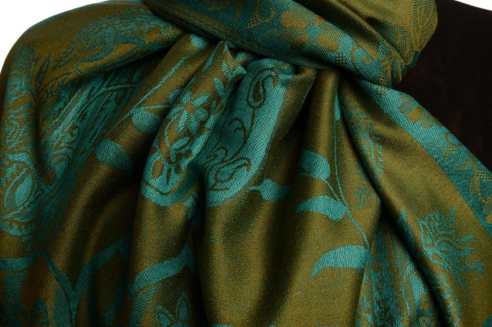 Liss Kiss Moroccan Rose On Olive Green Pashmina With Tassels - Scarf