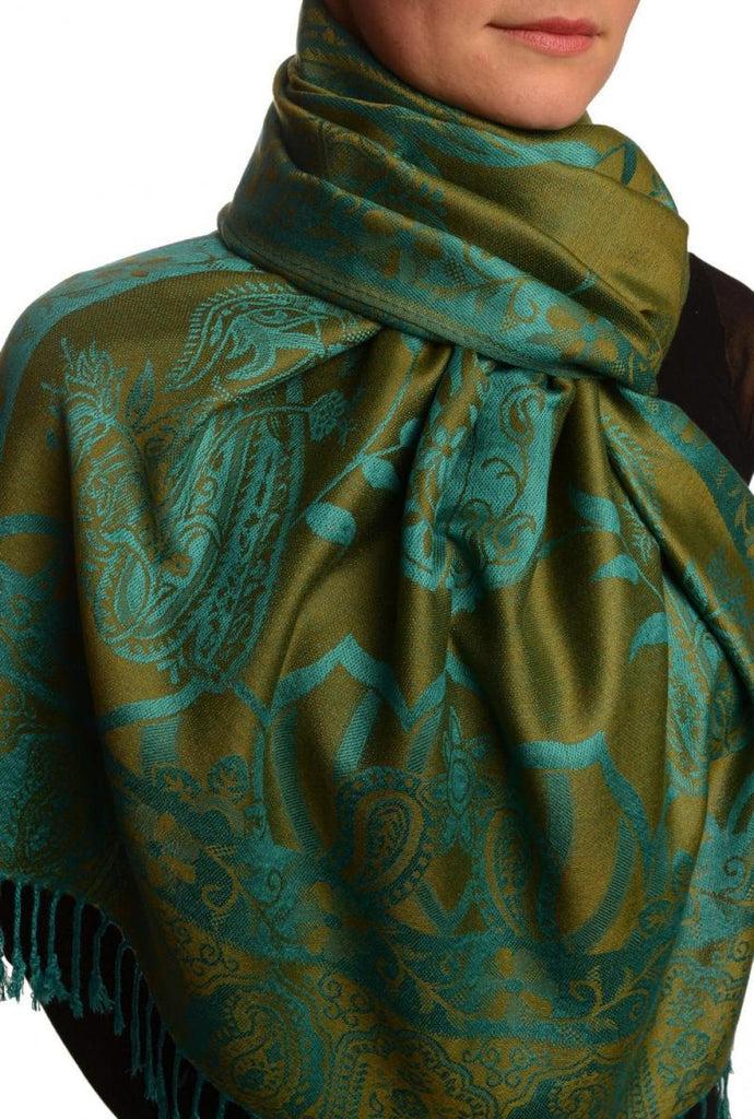 Liss Kiss Moroccan Rose On Olive Green Pashmina With Tassels - Scarf