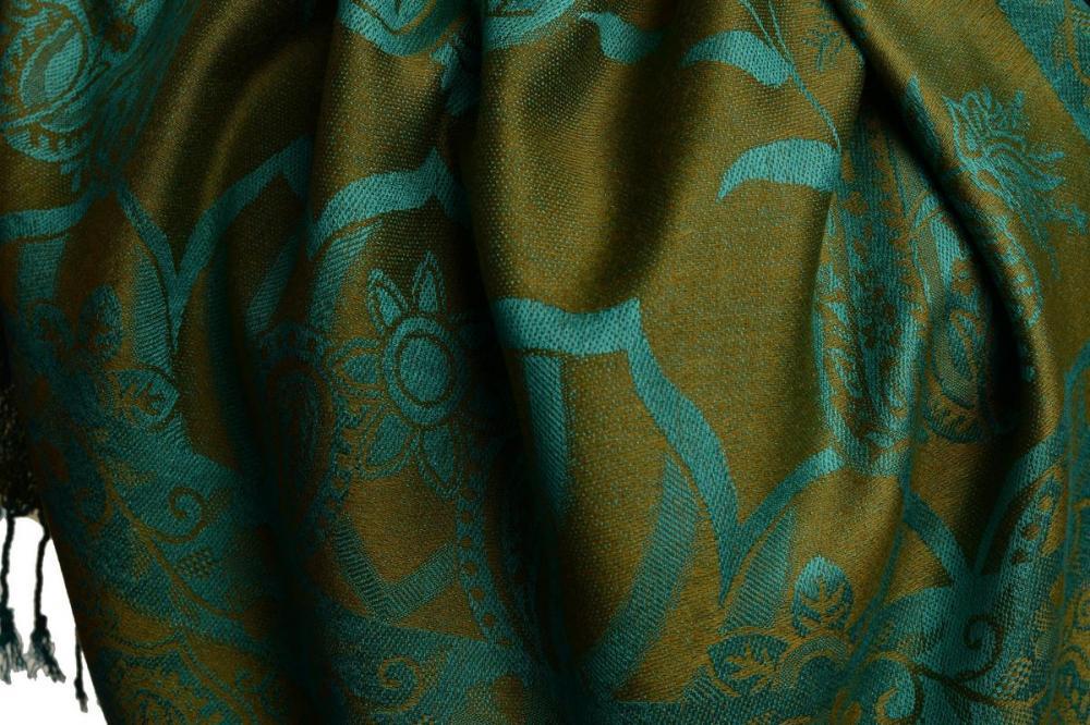 Liss Kiss Moroccan Rose On Olive Green Pashmina With Tassels - Scarf