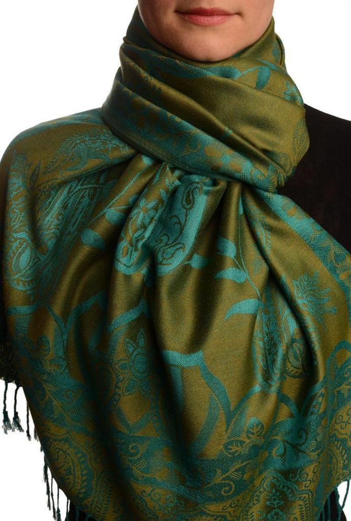 liss kiss Moroccan Rose On Olive Green Pashmina With Tassels - Scarf