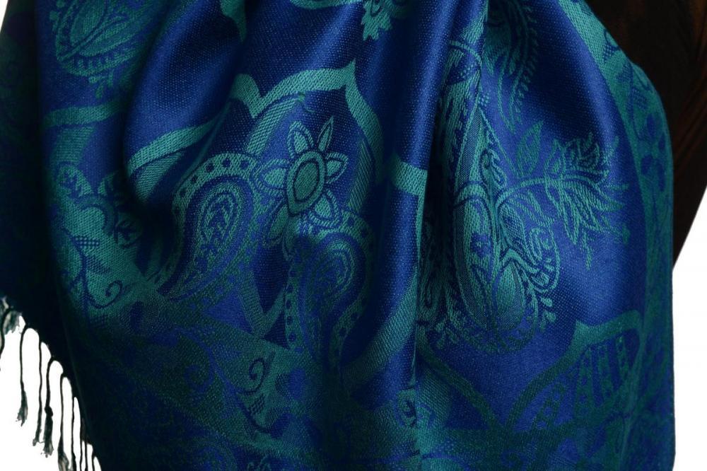 Liss Kiss Moroccan Rose On Persian Blue Pashmina With Tassels - Scarf