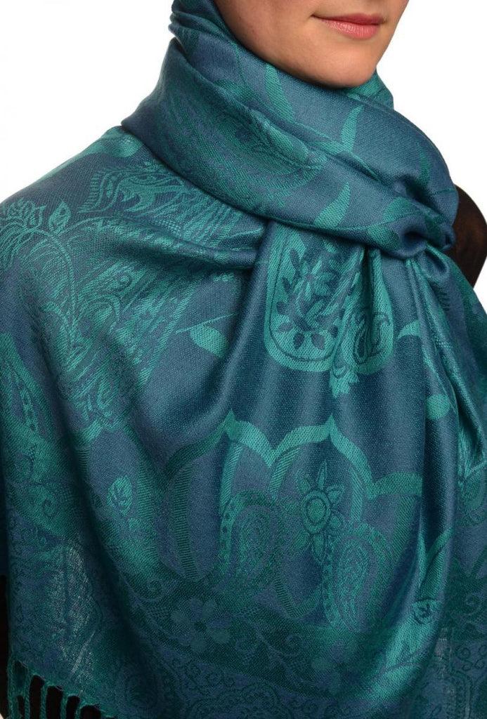 Liss Kiss Moroccan Rose On Prussian Blue Pashmina With Tassels - Scarf