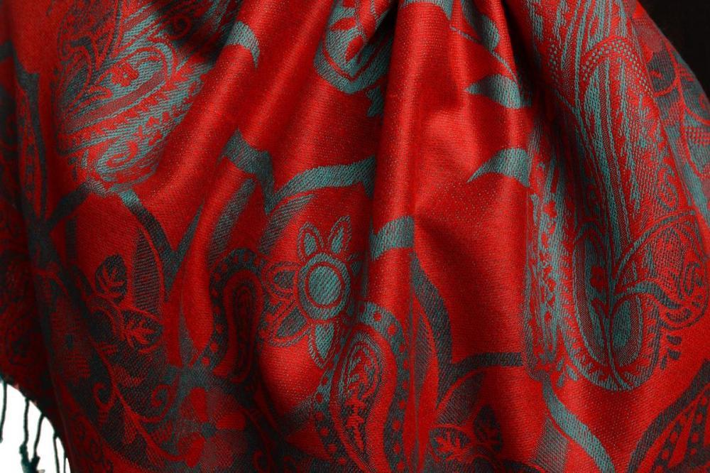 Liss Kiss Moroccan Rose On Red Pashmina With Tassels - Scarf