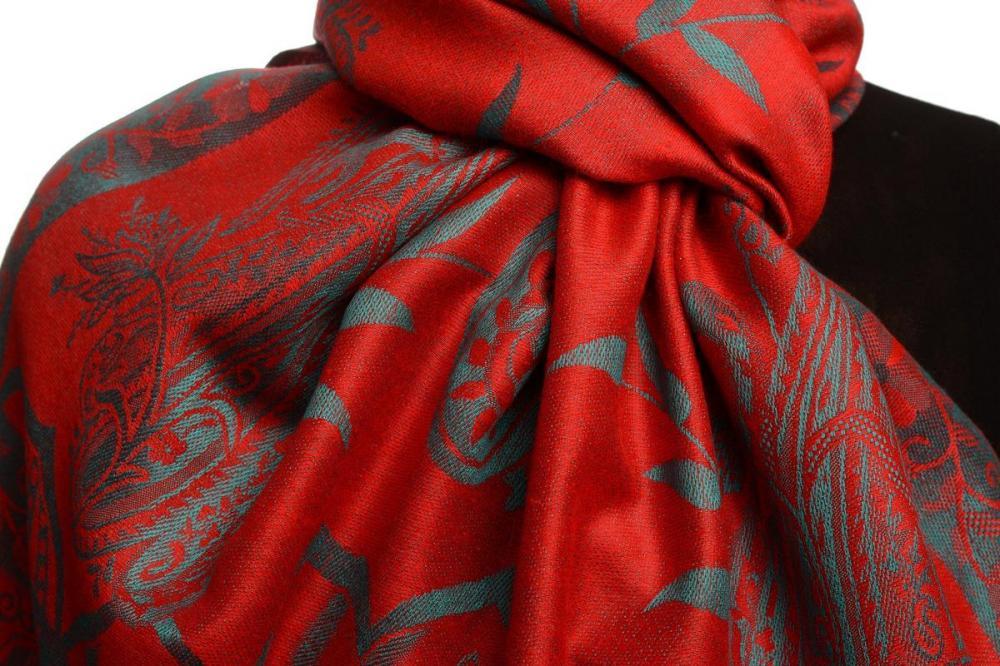 Liss Kiss Moroccan Rose On Red Pashmina With Tassels - Scarf