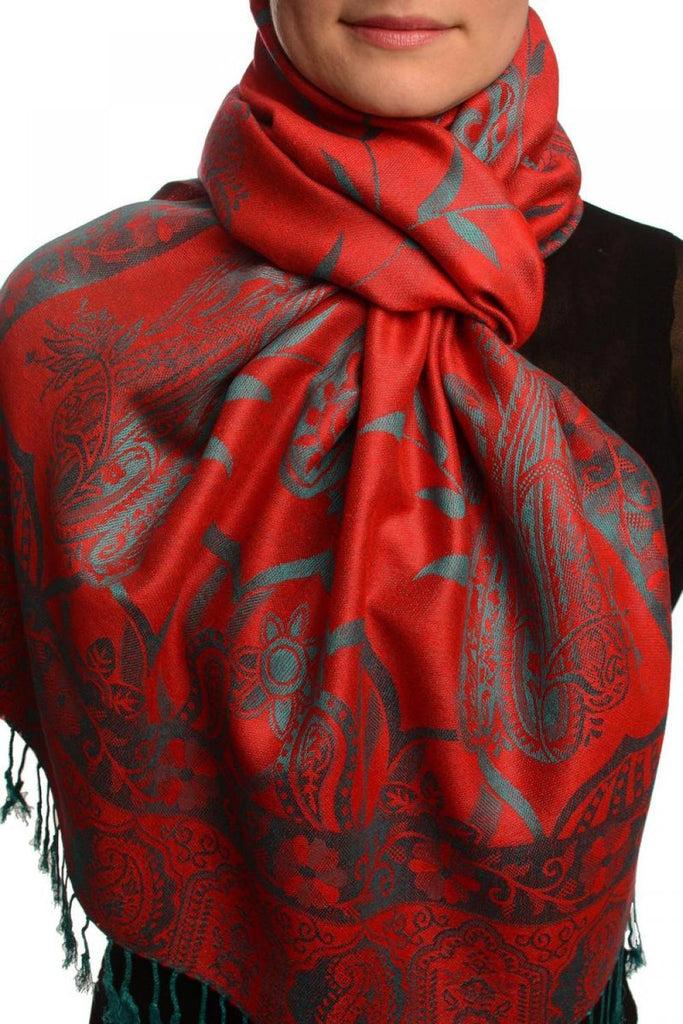 liss kiss Moroccan Rose On Red Pashmina With Tassels - Scarf