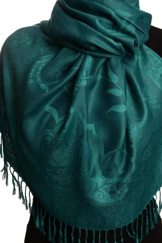 Liss Kiss Moroccan Rose On Teal Blue Pashmina With Tassels - Scarf
