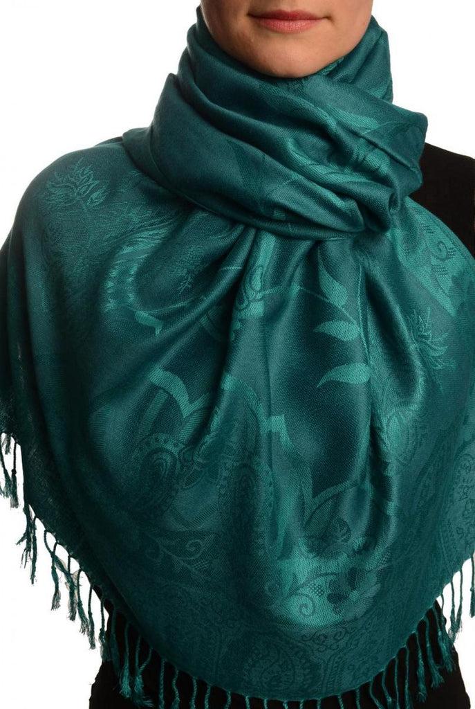 liss kiss Moroccan Rose On Teal Blue Pashmina With Tassels - Scarf