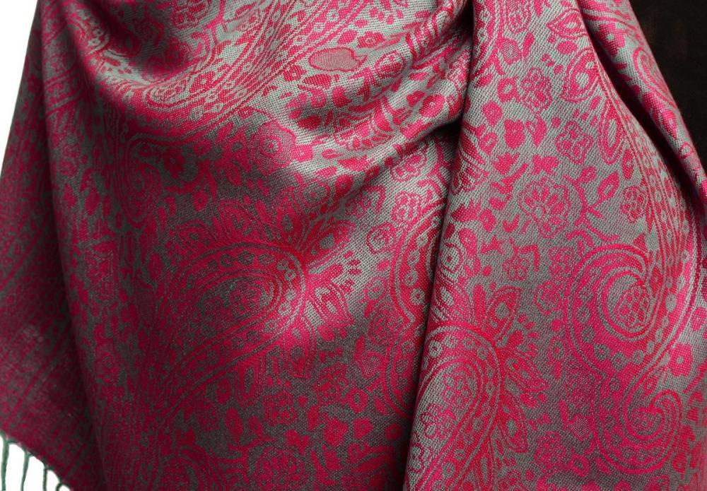 Liss Kiss Moss Green & Fuchsia Paisleys Pashmina Feel With Tassels - Scarf