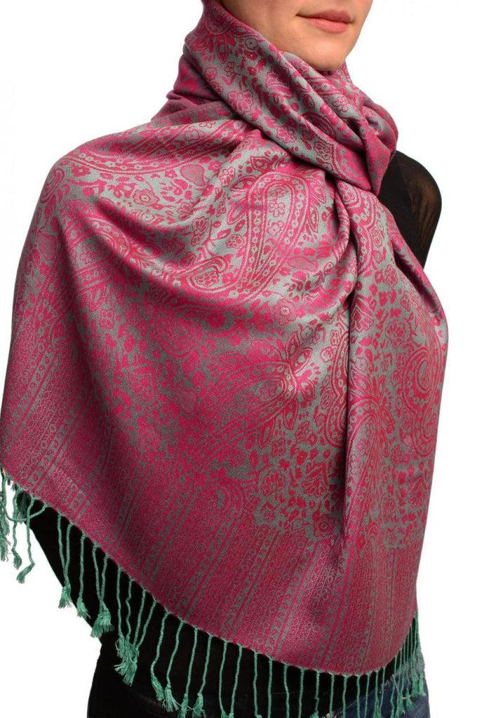 Liss Kiss Moss Green & Fuchsia Paisleys Pashmina Feel With Tassels - Scarf