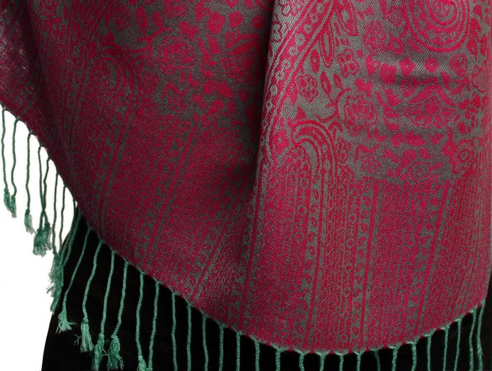 Liss Kiss Moss Green & Fuchsia Paisleys Pashmina Feel With Tassels - Scarf