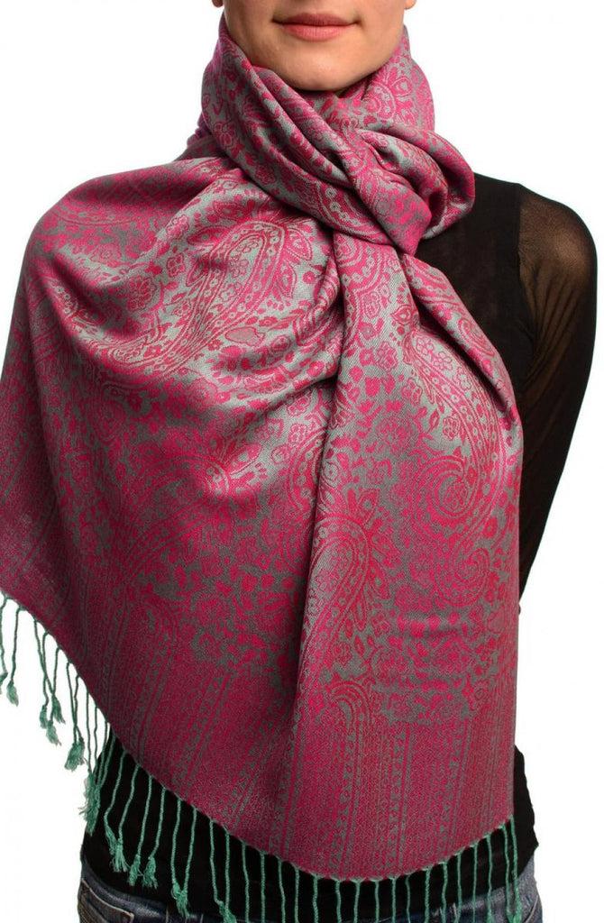 liss kiss Moss Green & Fuchsia Paisleys Pashmina Feel With Tassels - Scarf