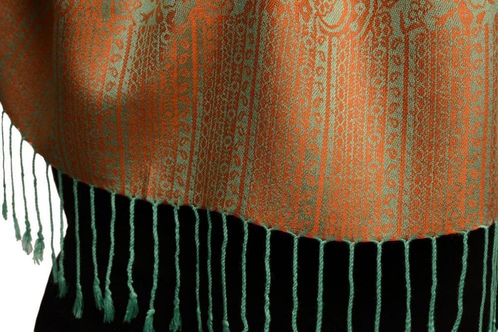 Liss Kiss Moss Green & Orange Paisleys Pashmina Feel With Tassels - Scarf