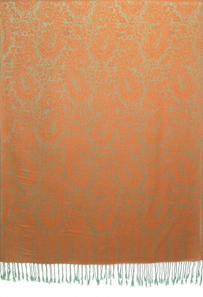 Liss Kiss Moss Green & Orange Paisleys Pashmina Feel With Tassels - Scarf