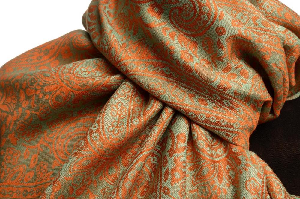 Liss Kiss Moss Green & Orange Paisleys Pashmina Feel With Tassels - Scarf