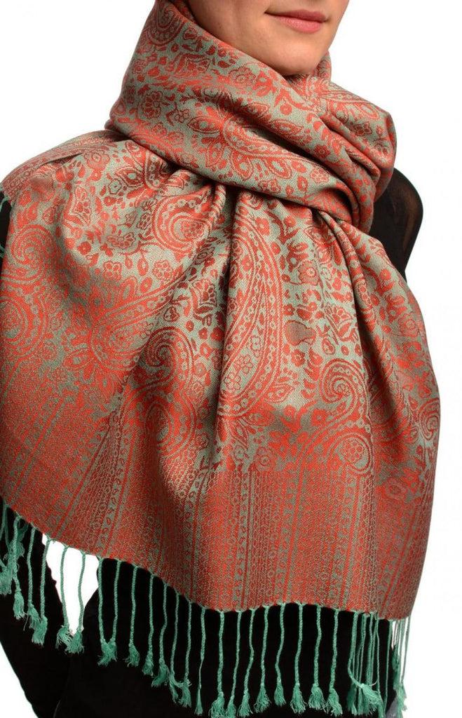 Liss Kiss Moss Green & Red Paisleys Pashmina Feel With Tassels - Scarf