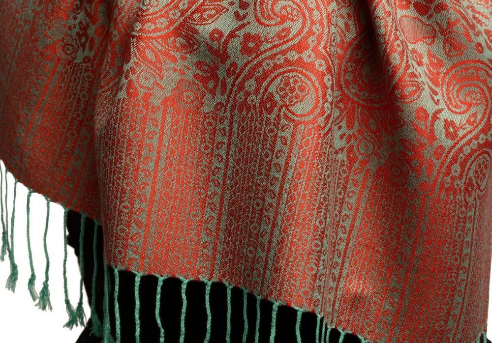 Liss Kiss Moss Green & Red Paisleys Pashmina Feel With Tassels - Scarf