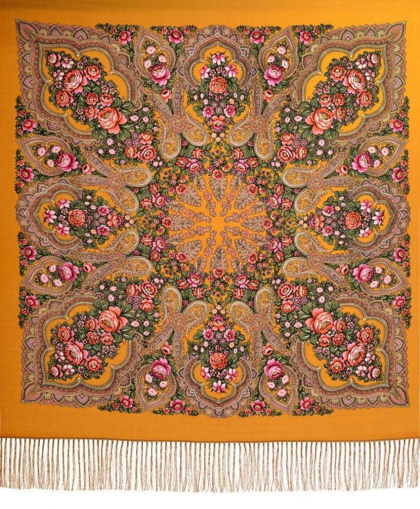 Liss Kiss Mustard "Plyaski" Slavonic Russian Folk Style Shawl - Scarf
