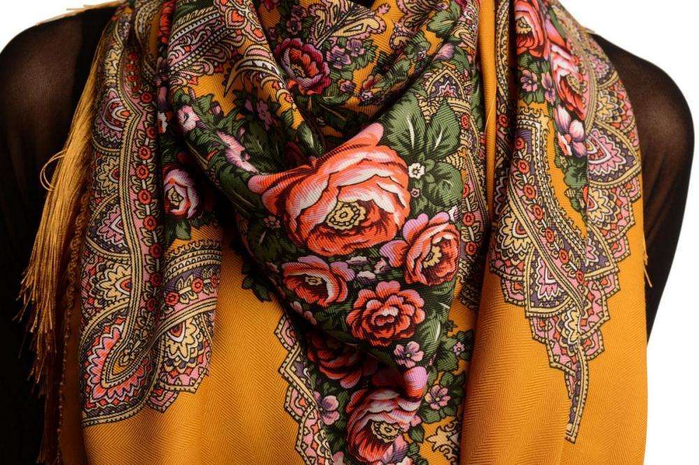 Liss Kiss Mustard "Plyaski" Slavonic Russian Folk Style Shawl - Scarf