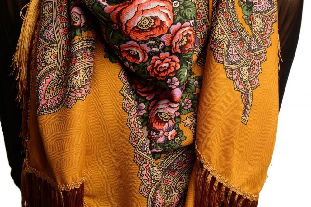 Liss Kiss Mustard "Plyaski" Slavonic Russian Folk Style Shawl - Scarf