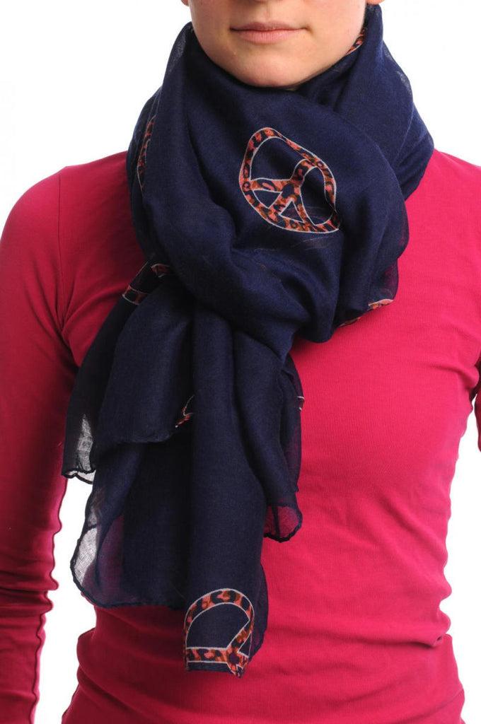 Liss Kiss Navy Blue With Leopard Peace Signs Unisex Scarf & Beach Sarong - Scarf