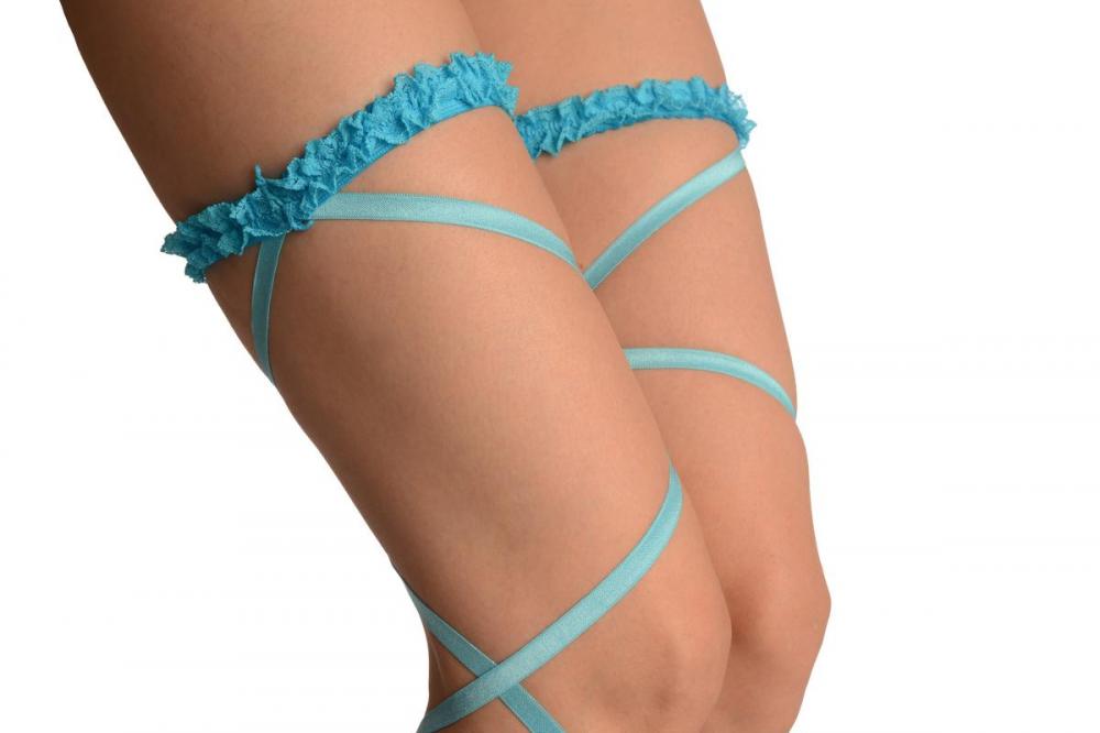 Liss Kiss Neon Blue Elasticated Ribbon Leg Wrap & Lace Garter - Leg Warmers