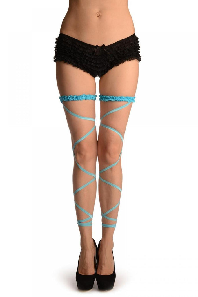 Liss Kiss Neon Blue Elasticated Ribbon Leg Wrap & Lace Garter - Leg Warmers