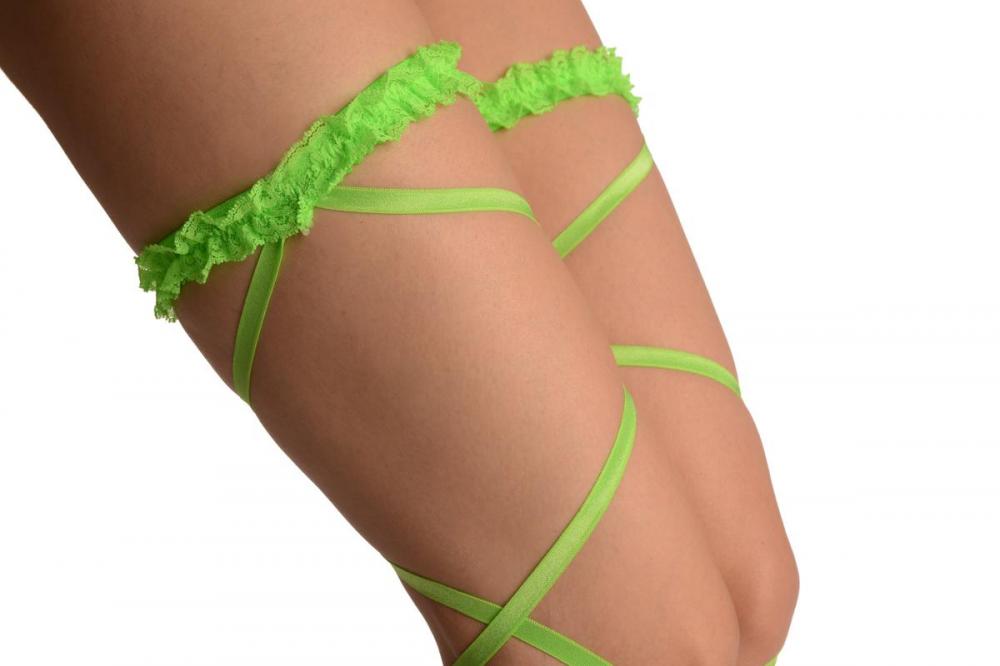 Liss Kiss Neon Green Elasticated Ribbon Leg Wrap & Lace Garter - Leg Warmers