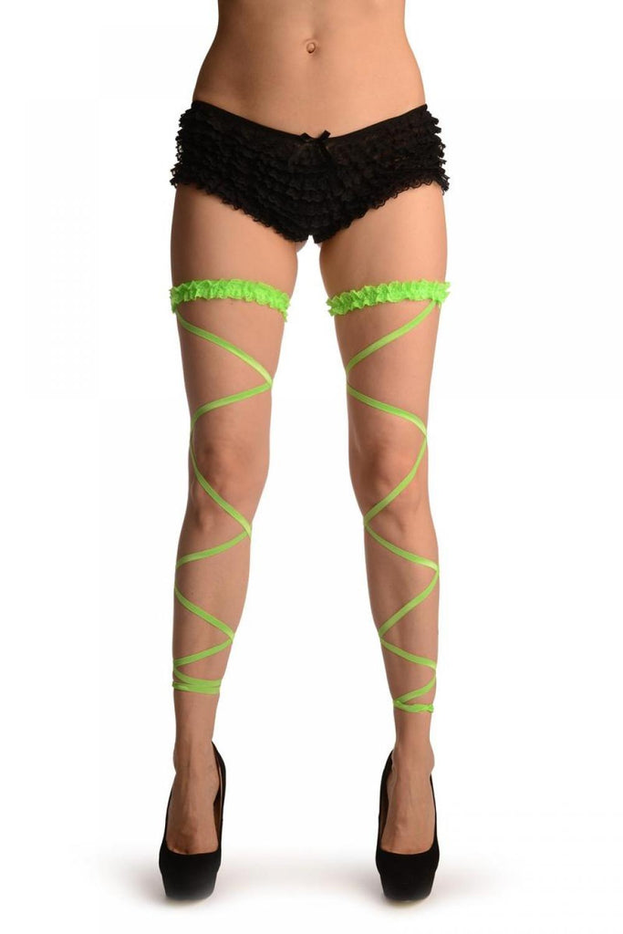 Liss Kiss Neon Green Elasticated Ribbon Leg Wrap & Lace Garter - Leg Warmers