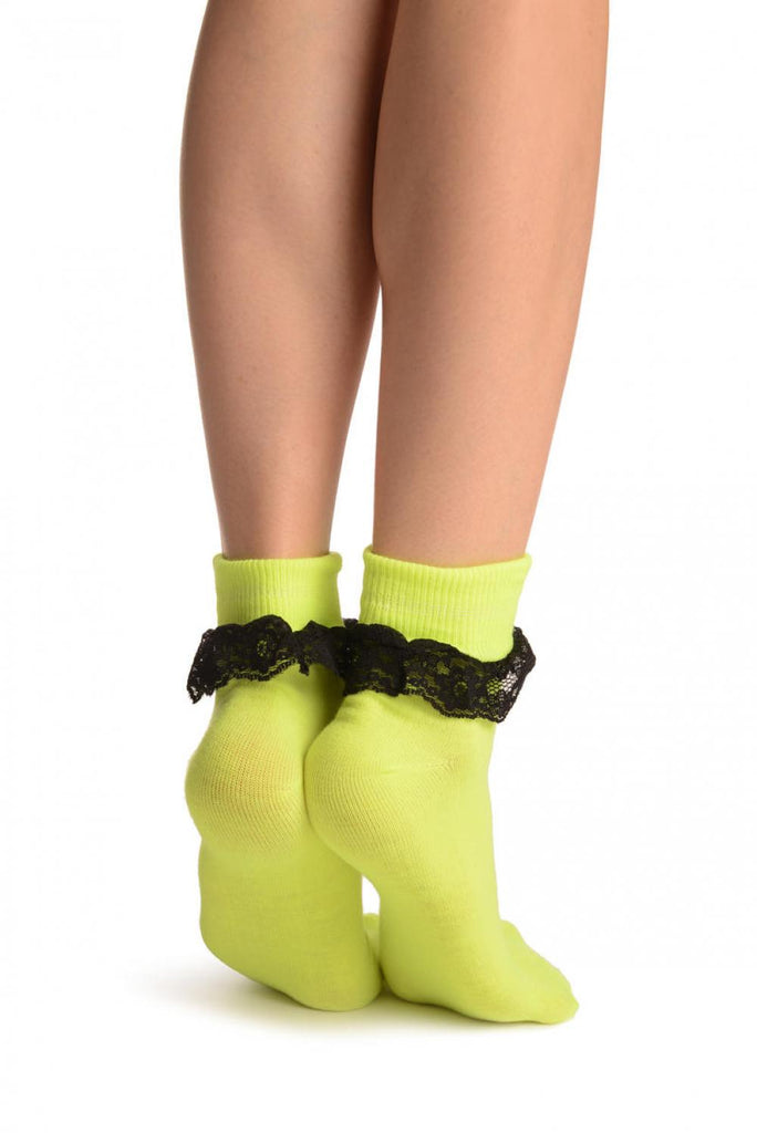 Liss Kiss Neon Green With Black Lace Trim Ankle High Socks - Socks