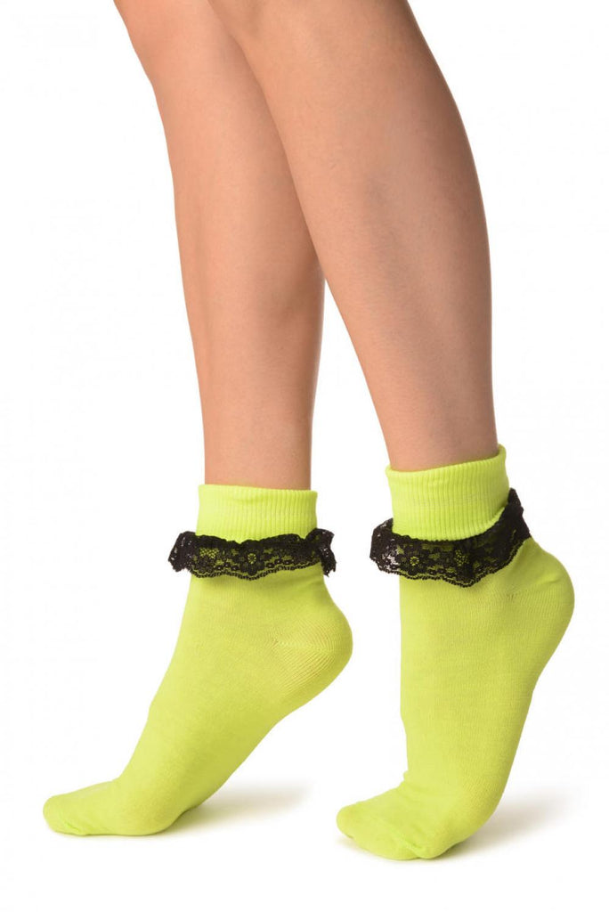 Liss Kiss Neon Green With Black Lace Trim Ankle High Socks - Socks