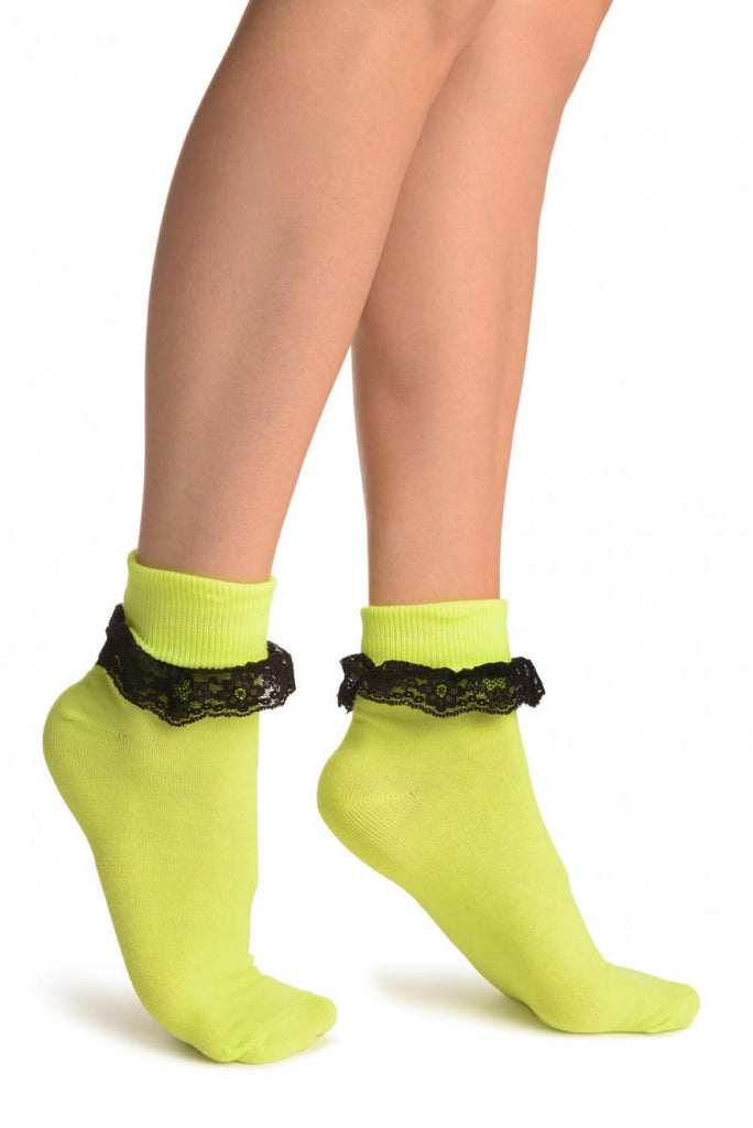 liss kiss Neon Green With Black Lace Trim Ankle High Socks - Socks
