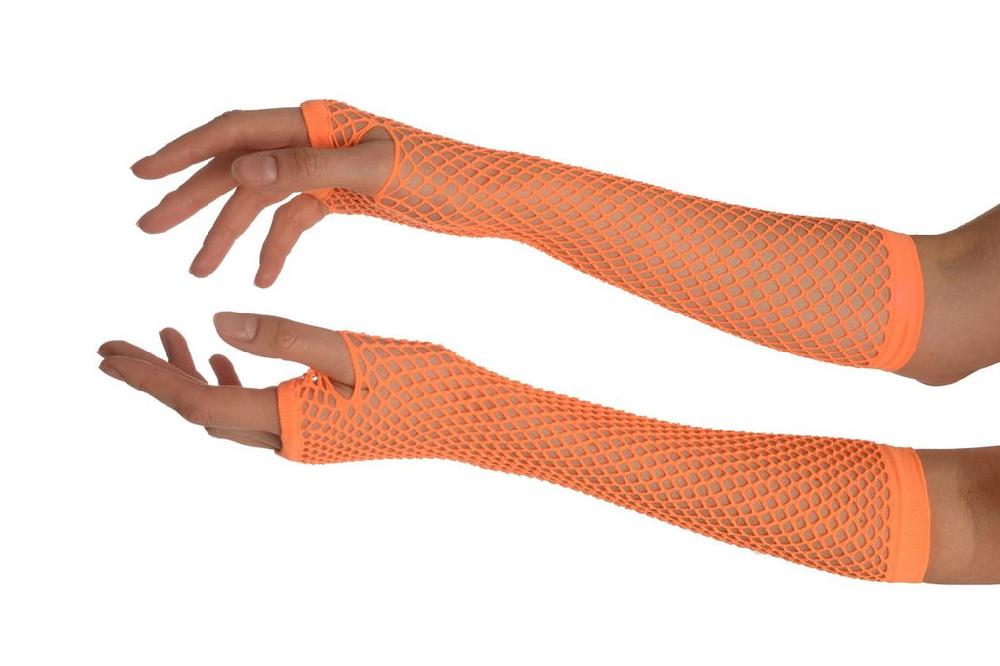 Liss Kiss Neon Orange Fishnet Fingerless Party Gloves - Gloves