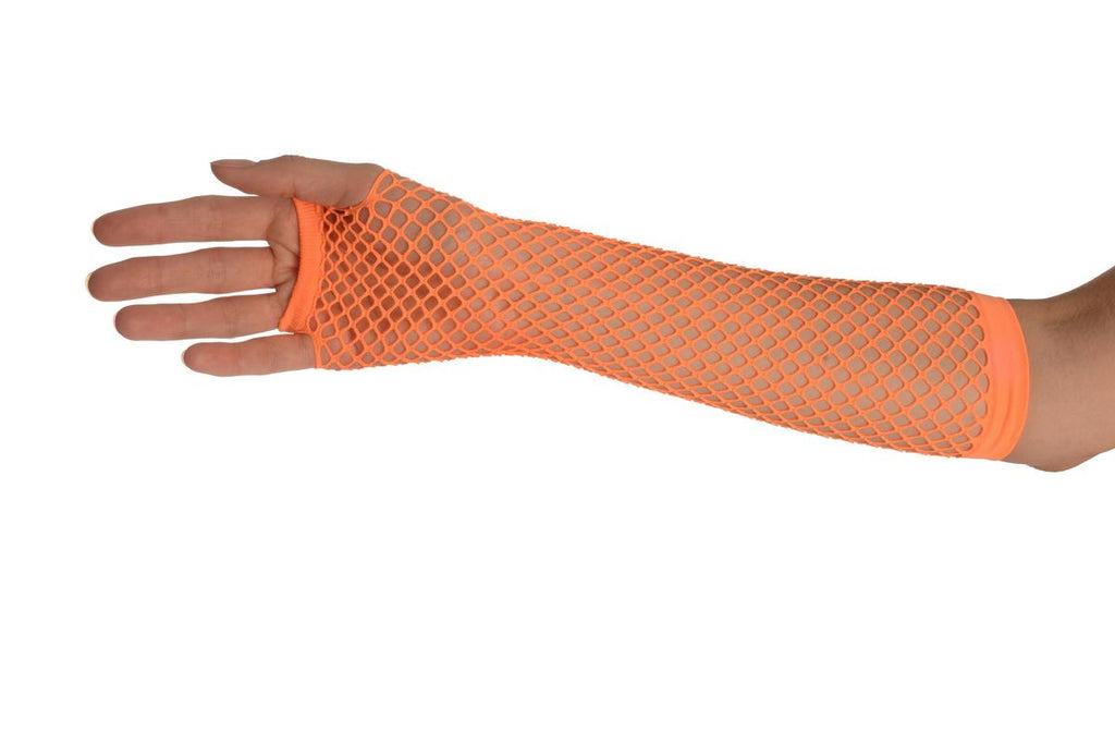 Liss Kiss Neon Orange Fishnet Fingerless Party Gloves - Gloves