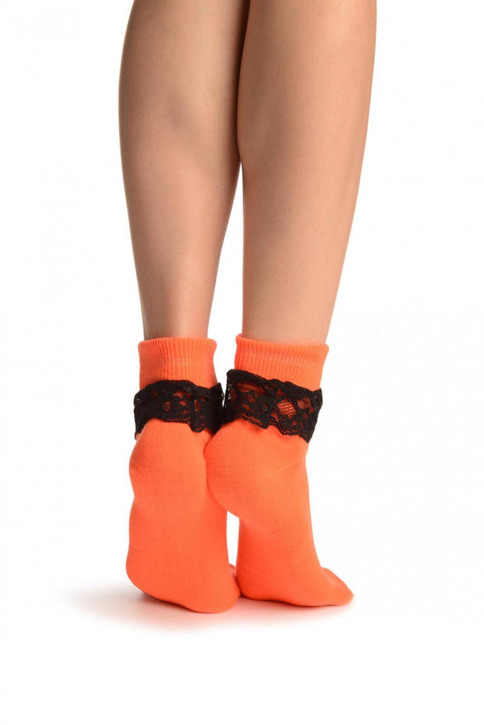 Liss Kiss Neon Orange With Black Lace Trim Ankle High Socks - Socks