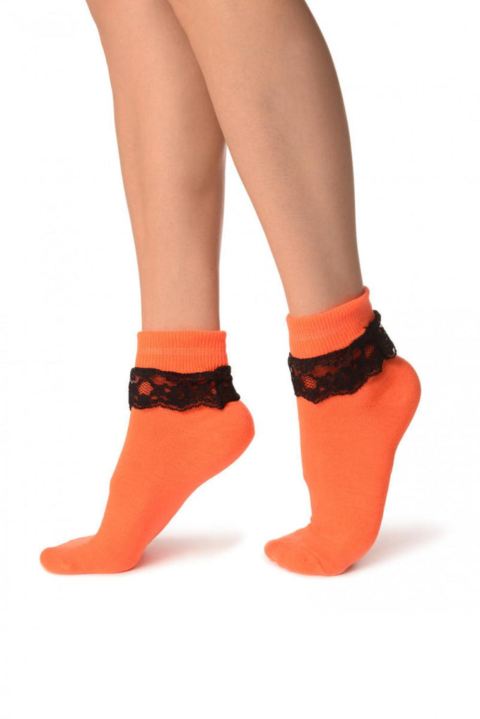 Liss Kiss Neon Orange With Black Lace Trim Ankle High Socks - Socks