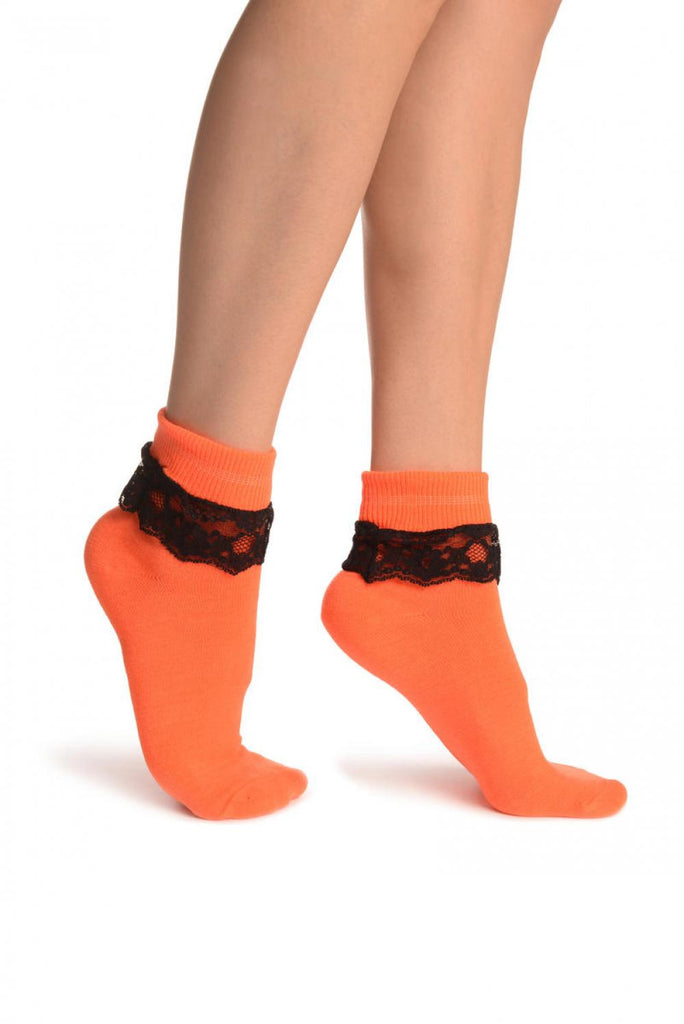 liss kiss Neon Orange With Black Lace Trim Ankle High Socks - Socks