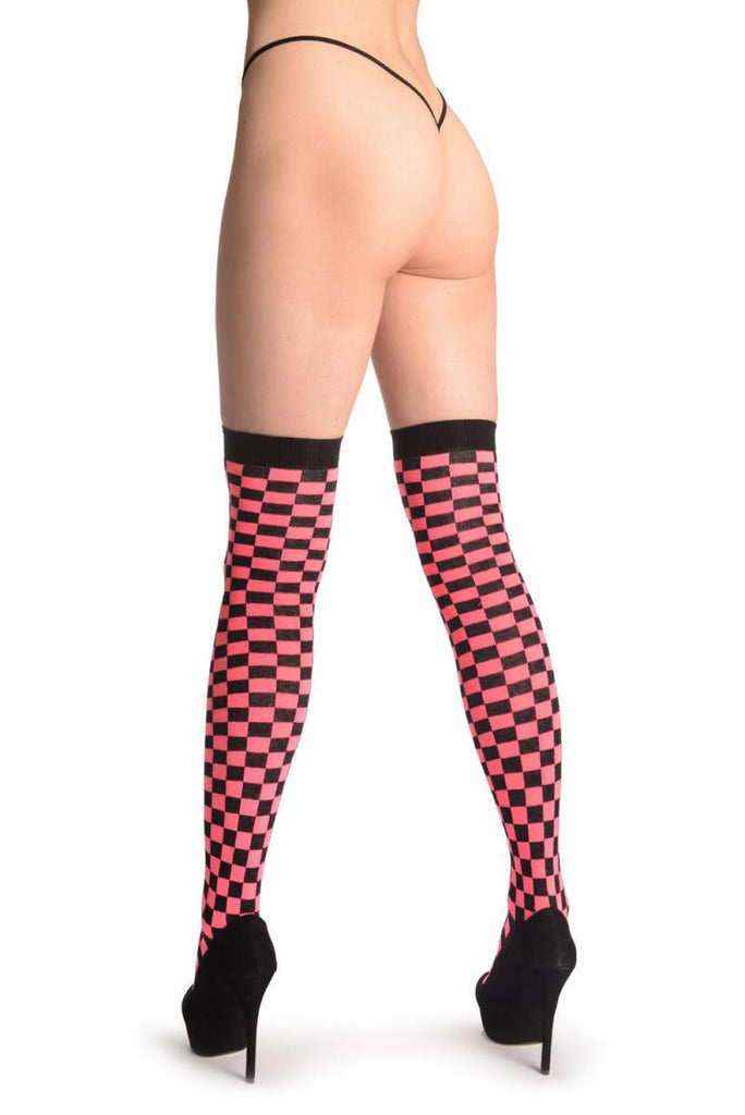 Liss Kiss Neon Pink & Black Checked - Over The Knee Socks