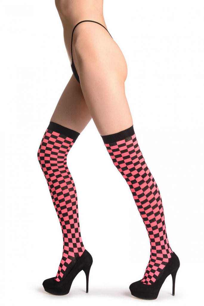 Liss Kiss Neon Pink & Black Checked - Over The Knee Socks